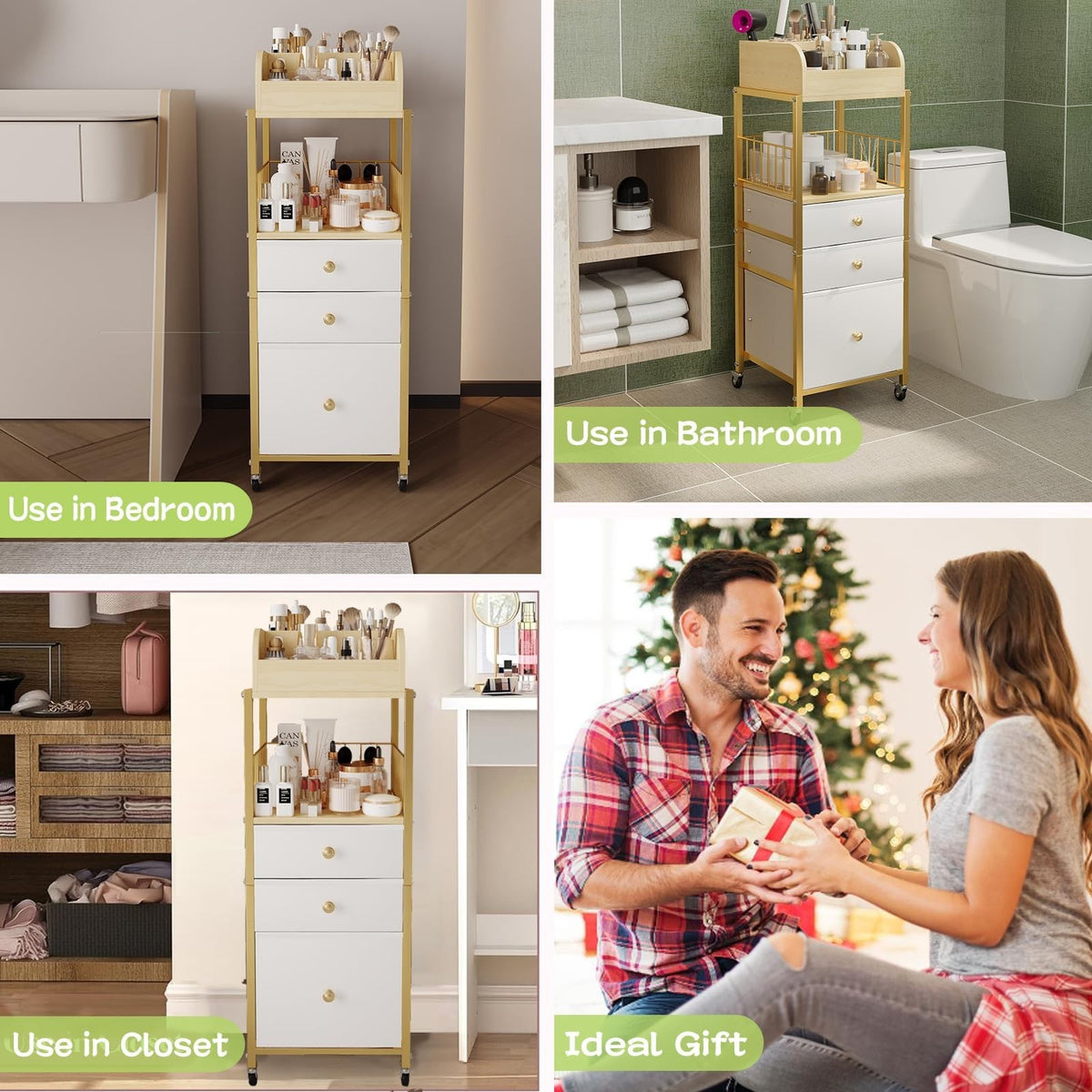 Gold Makeup Organizer Cart with 3 Drawers & Open Shelves for Vanity Storage