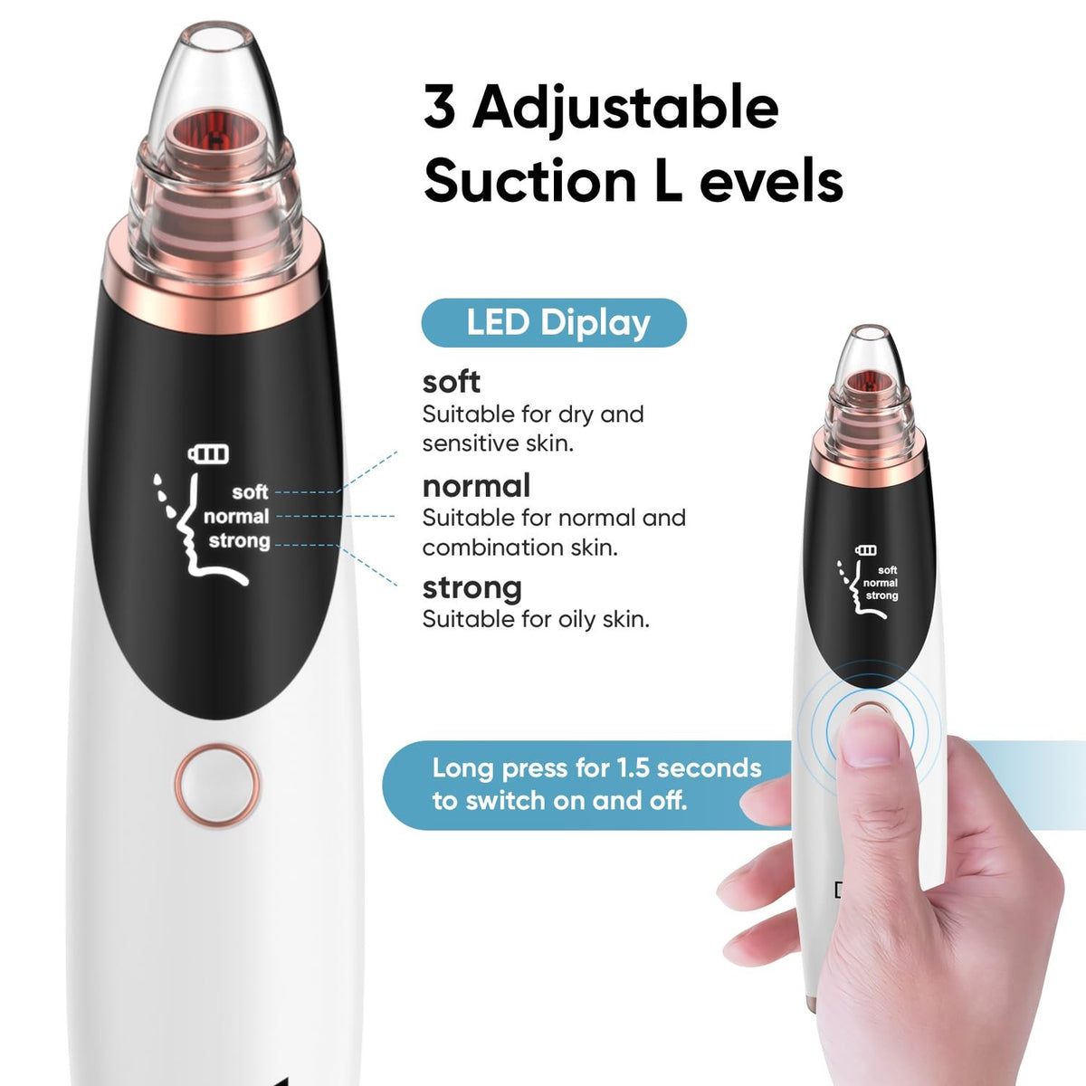 Blackhead Remover Pore Vacuum for Face & Nose with 3 Suction Levels