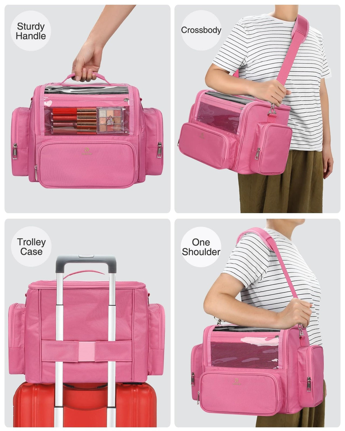 Large Pink Makeup Brush Bag with Clear Lid and Adjustable Dividers