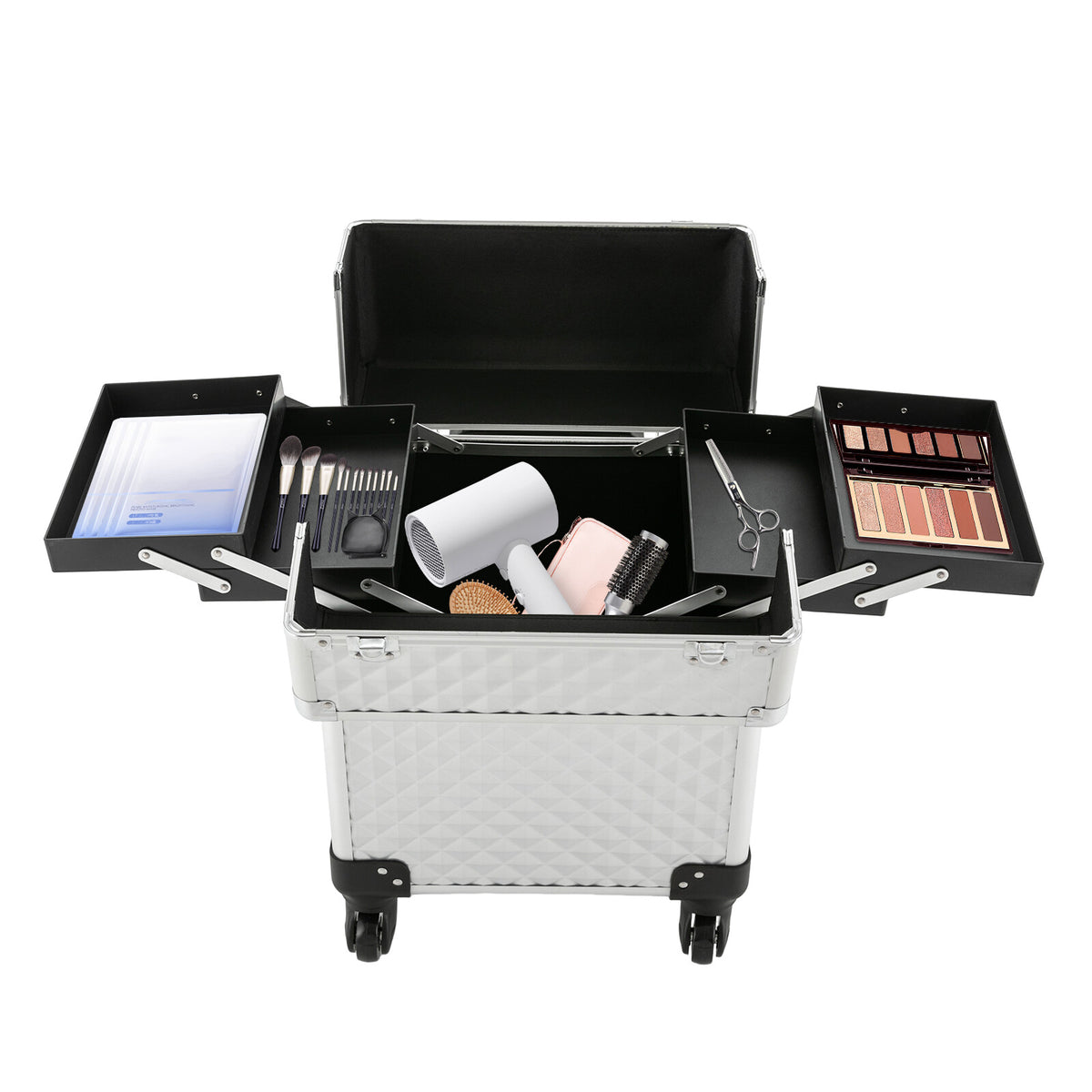 Lockable Rolling Makeup Case with Wheels and Organizer for Cosmetics & Beauty Tools