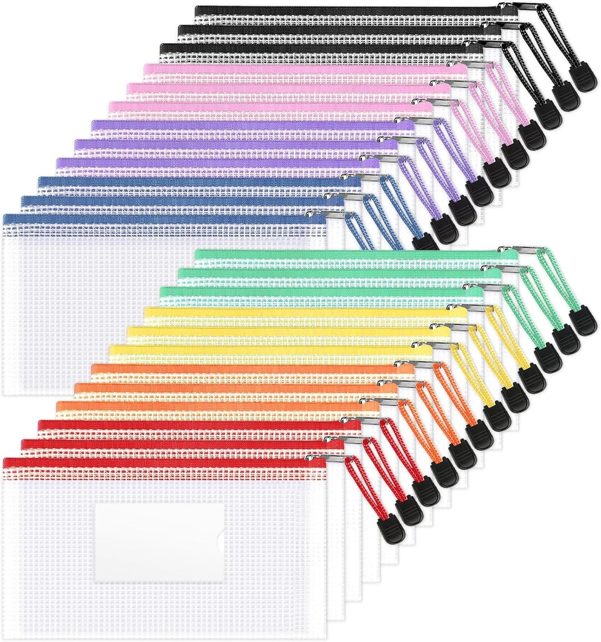 Clear Mesh Pouch Bags 24-Pack with Label Pocket for Travel & Classroom Organization