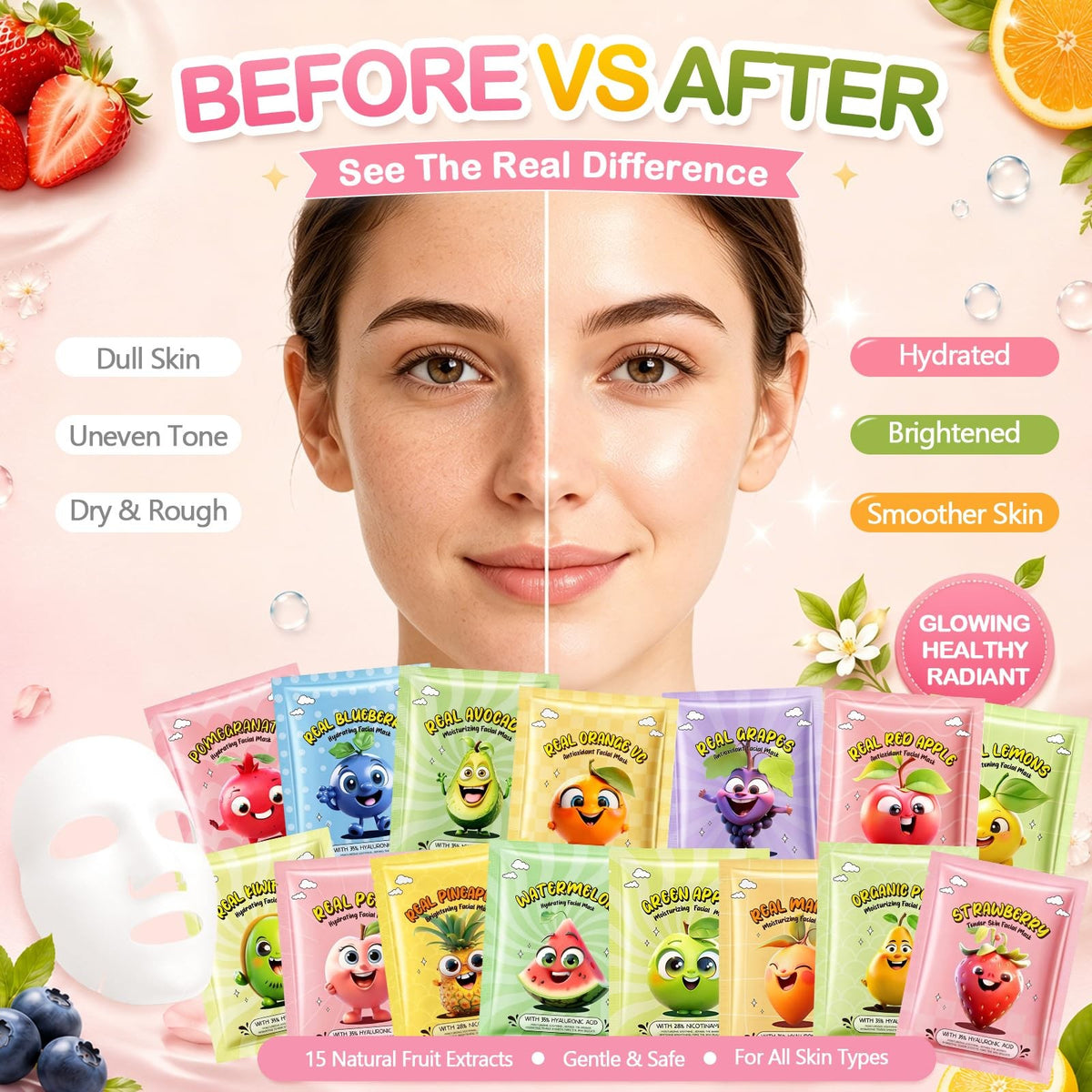 75-Pack Collagen Face Masks - 15 Fruit Flavors