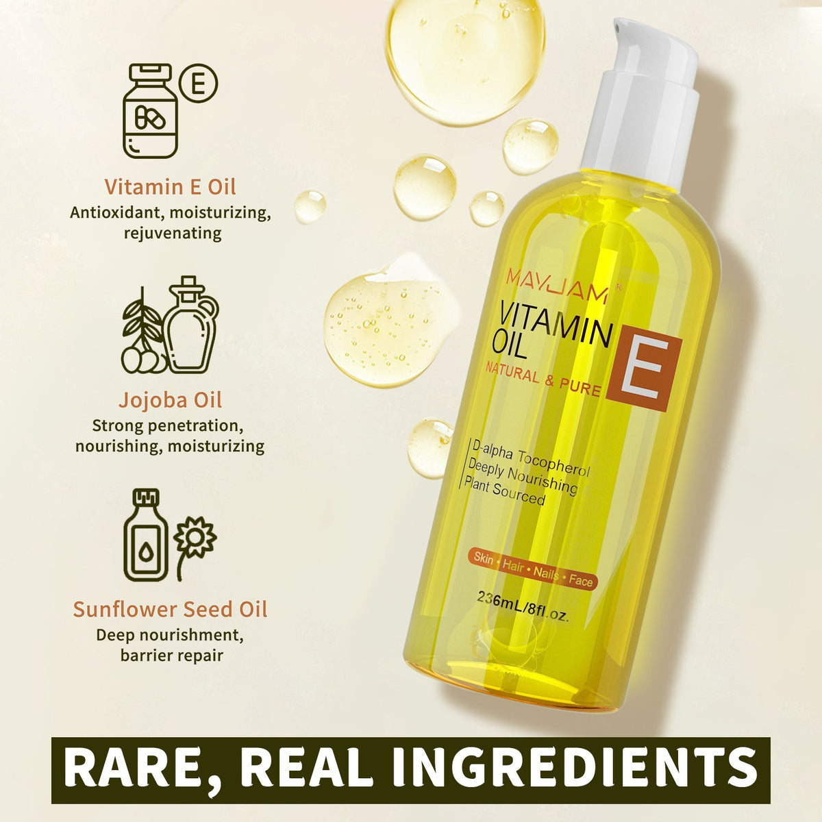 Vitamin E Oil 8 oz - Pure Organic for Skin, Hair & Nails