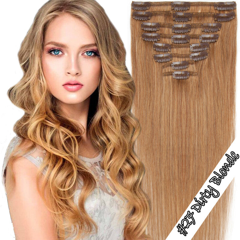 Clip-In Hair Extensions Full Head Set - 100% Remy Human Hair, Straight, Thick, Multiple Colors & Lengths