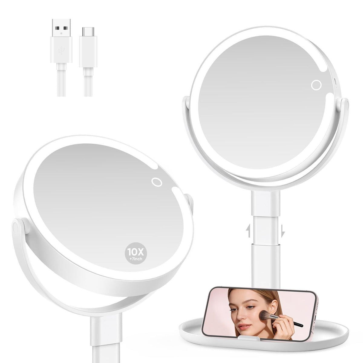 Rechargeable LED Lighted Makeup Mirror with 10X Magnification and Adjustable Height