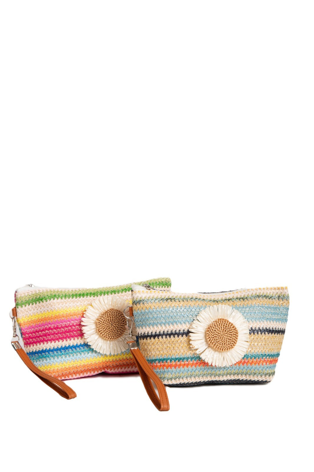 Large Travel Pouch with Multi-Colored Stripes and Daisy Pattern, Zipper Closure
