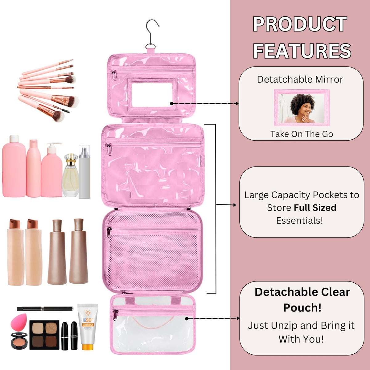 Women's Travel Toiletry Bag with Removable Pouch & Hanging Hook - Water Resistant Pink