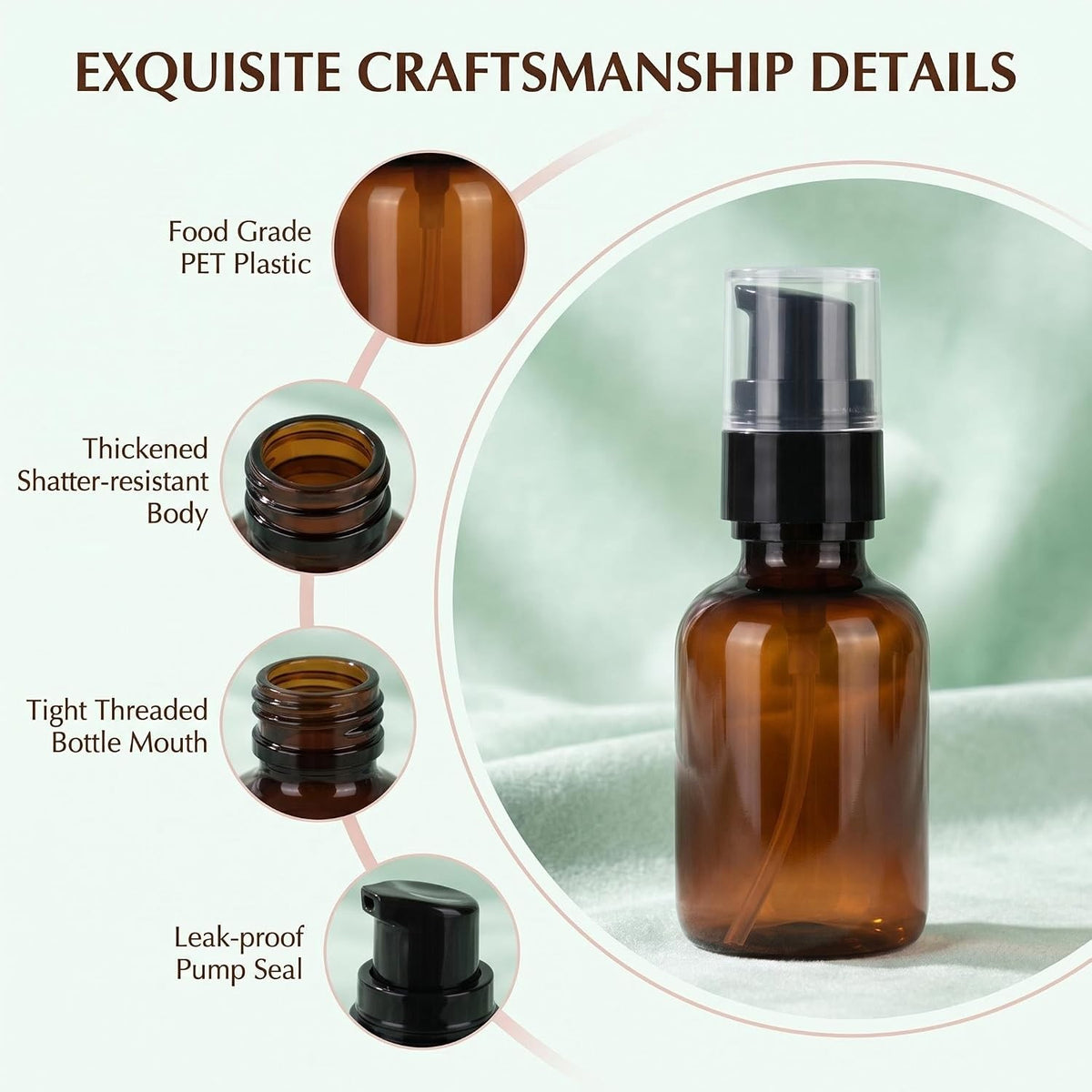 3 Pack 60ml Amber Plastic Travel Lotion Bottles with Pump Dispenser