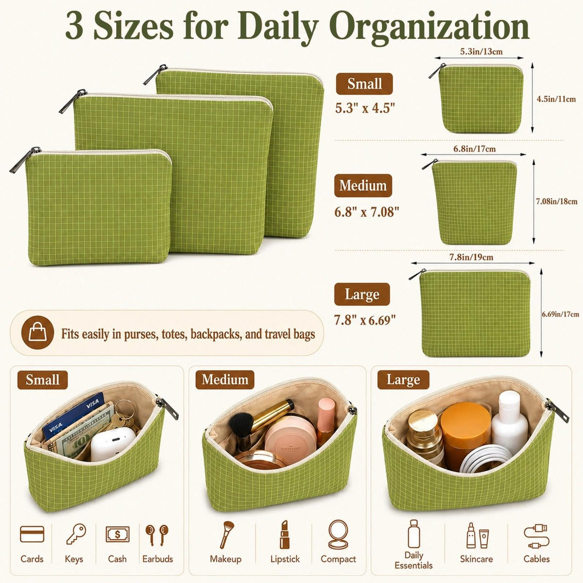 Travel Organizer Pouches Set - 3-Pack Green Checkered Nylon Makeup & Card Pouches