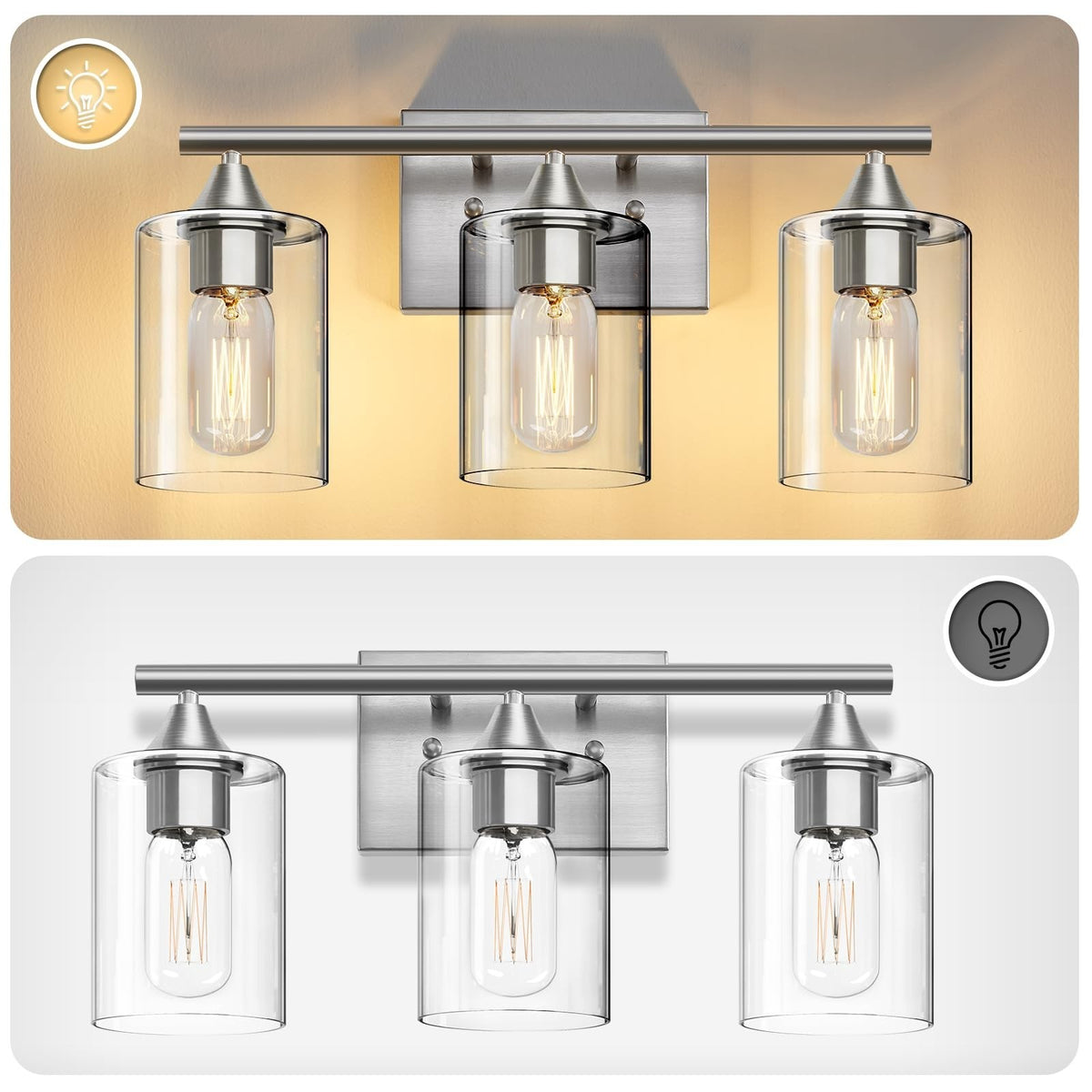 3-Light Brushed Nickel Bathroom Vanity Light Fixture Modern Wall Sconce