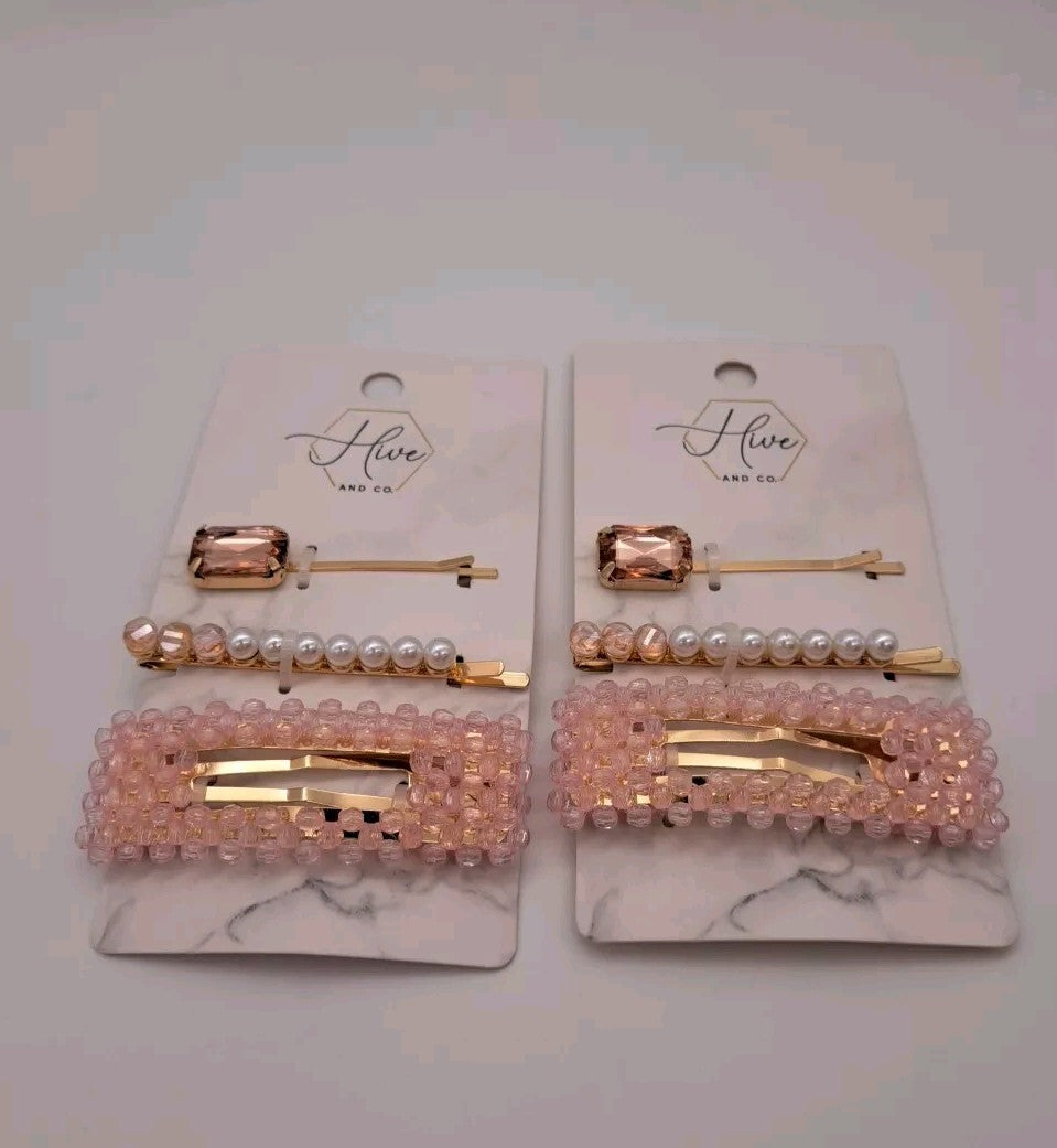 Hive And Co. Pink Beaded Barrette Pearl Bobby Pin Jewel 2 PACKS