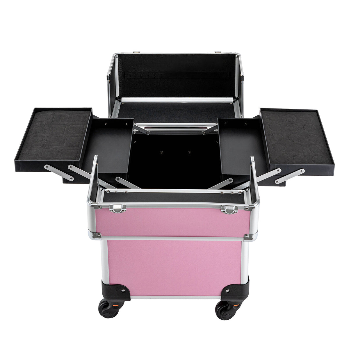 Pink Aluminum Rolling Makeup Train Case with Multiple Compartments