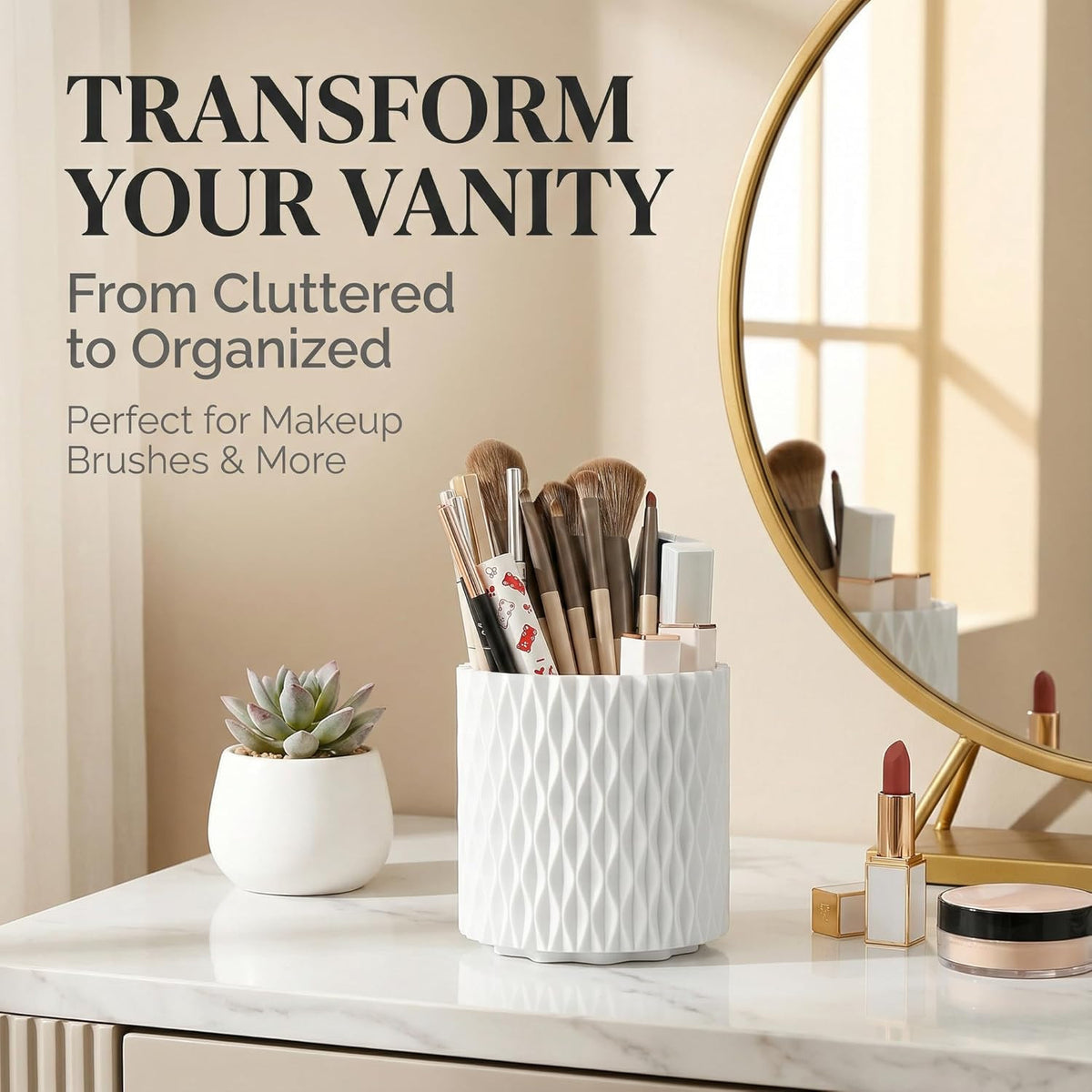 White Rotating Makeup Brush Organizer with 5 Compartments | Vanity & Desk Storage