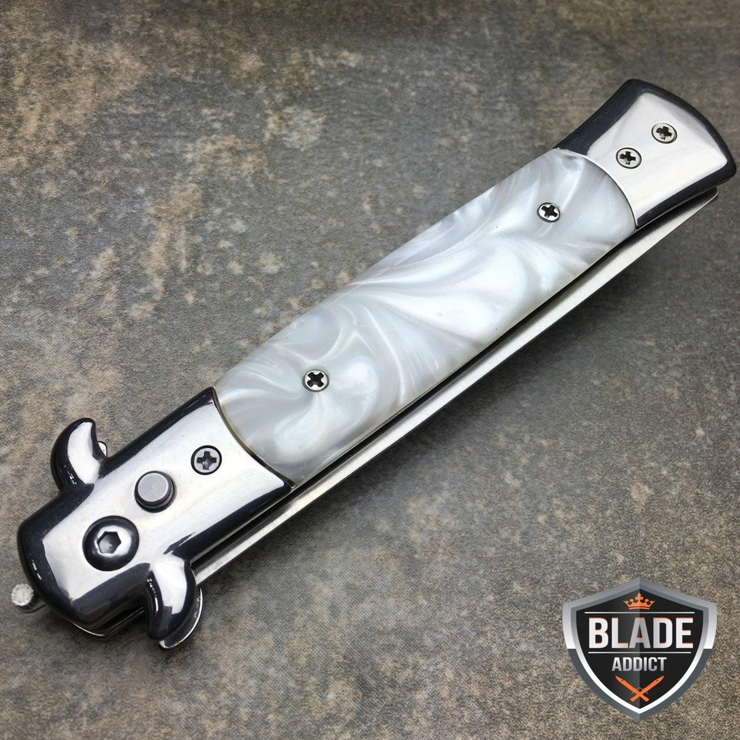 Automatic Push Button Folding Comb Switchblade Knife with White Swirl Brush Handle