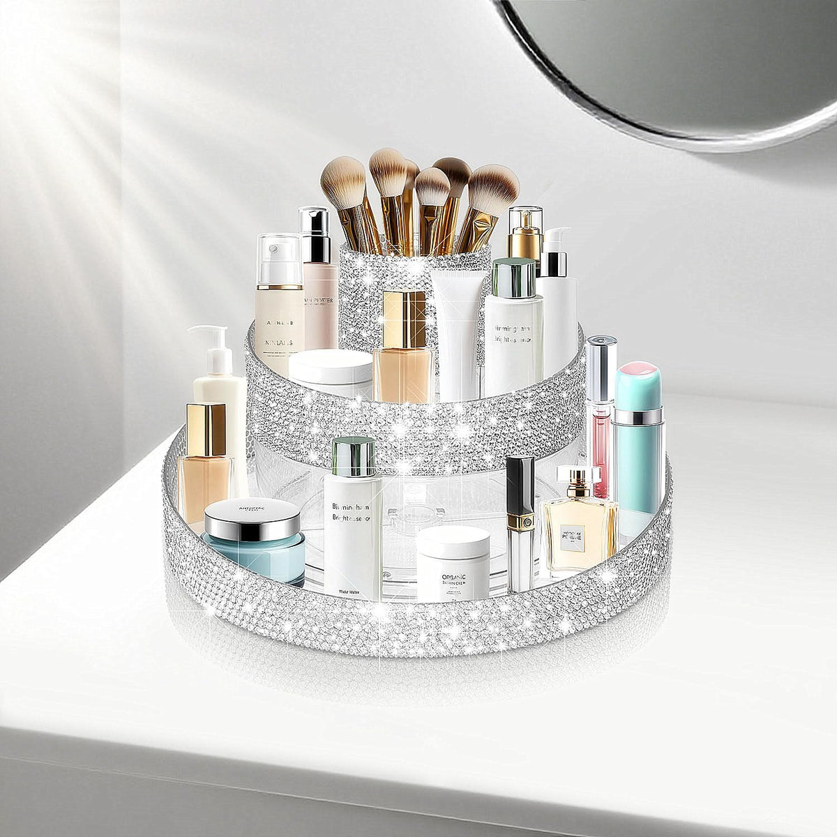 Rotating Makeup Organizer Acrylic Vanity Storage with Rhinestones