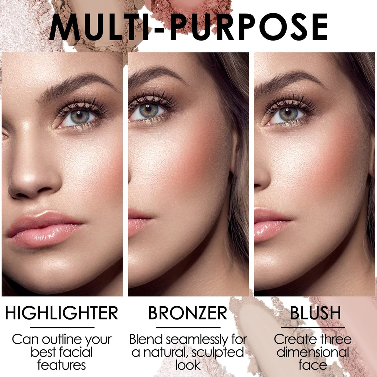 3-in-1 Blush and Highlighter Palette Waterproof Long-Lasting Face Makeup