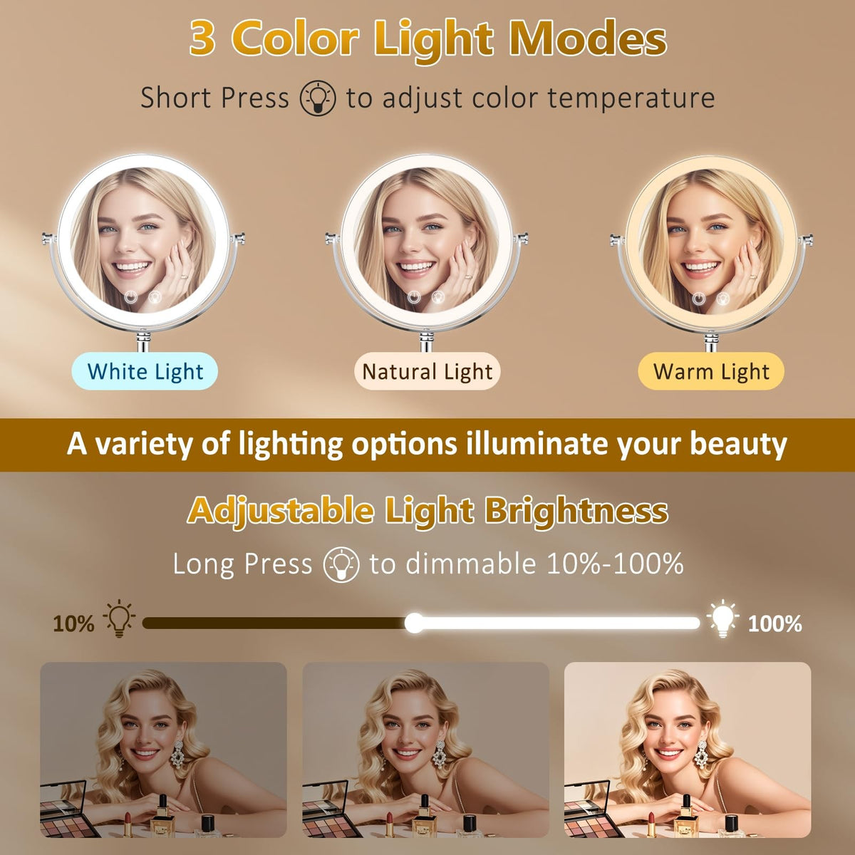 Rechargeable Double Sided Vanity Mirror with Lights 1x/10x Magnification