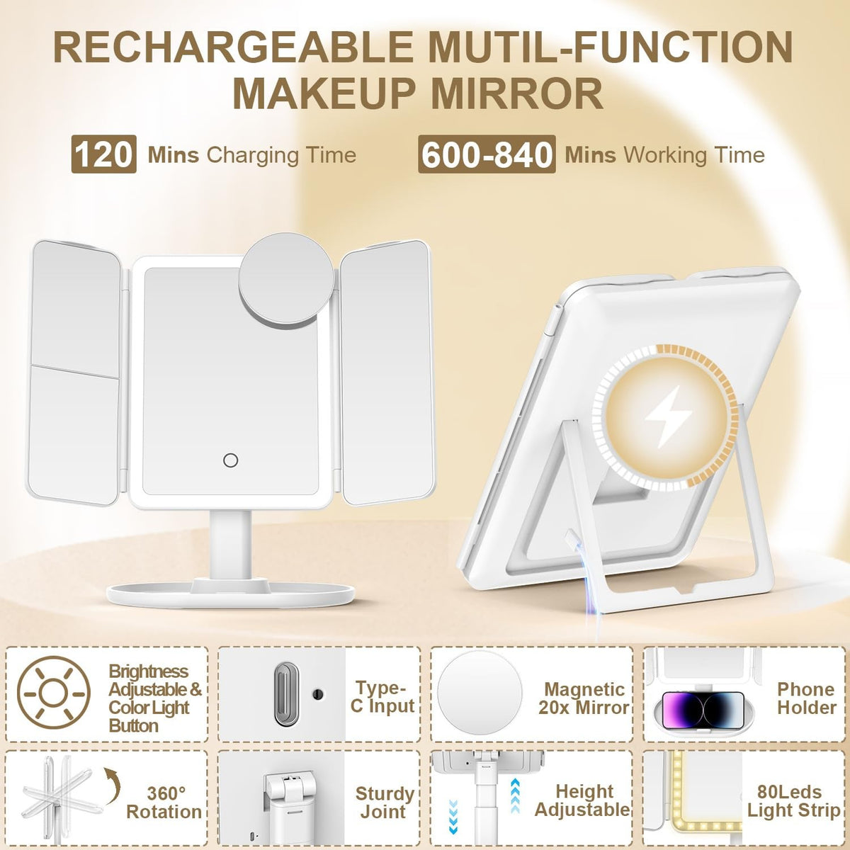 Magnifying Lighted Vanity Mirror 1X/3X/7X/20X with 3 Color Modes Rechargeable