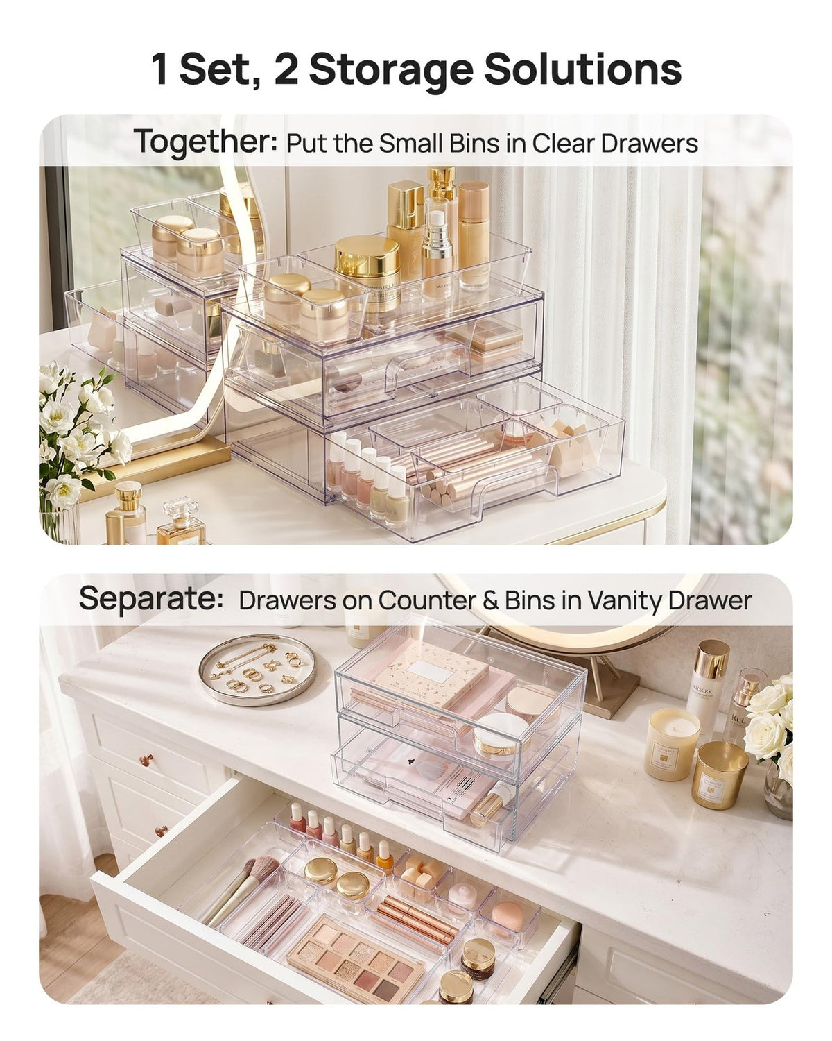 12 Pack Clear Makeup Organizer Set for Vanity and Bathroom Counter