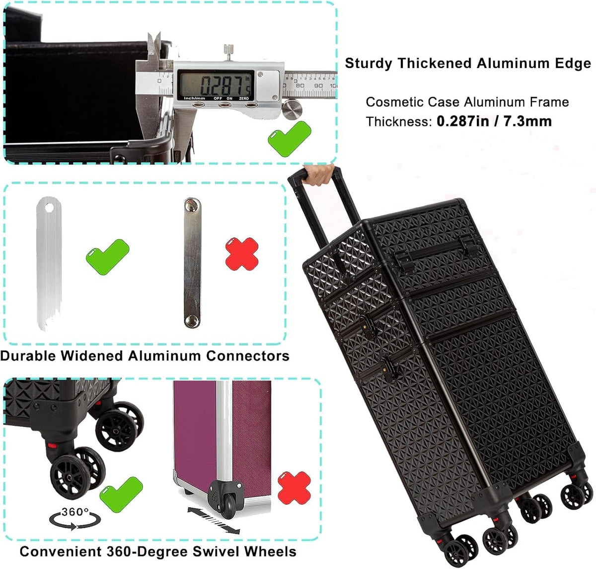 3-in-1 Rolling Makeup Case with Detachable Compartments & Lockable Storage