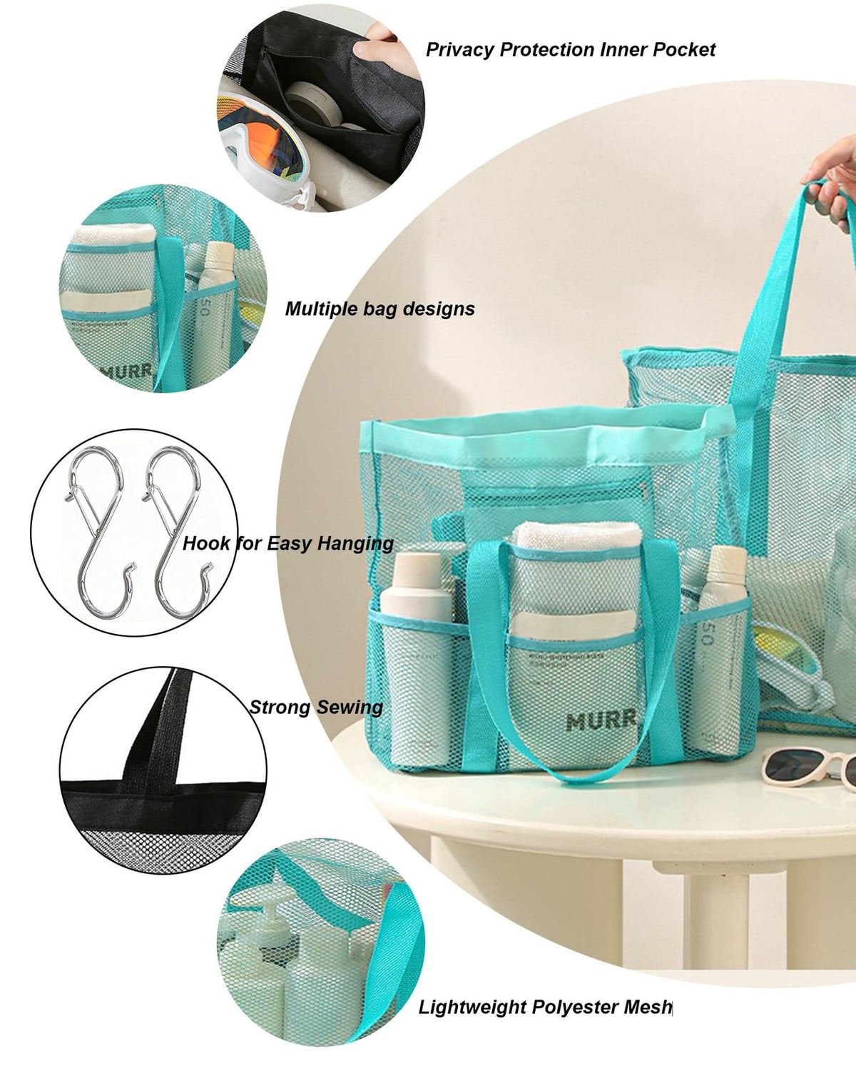 Large Mesh Beach Tote Bag with 8 Pockets & Zippered Compartment - 2 Pack