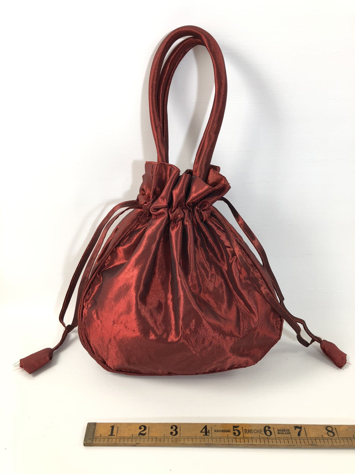 Burgundy Satin Rose Pattern Drawstring Cosmetic Bag Travel Pouch