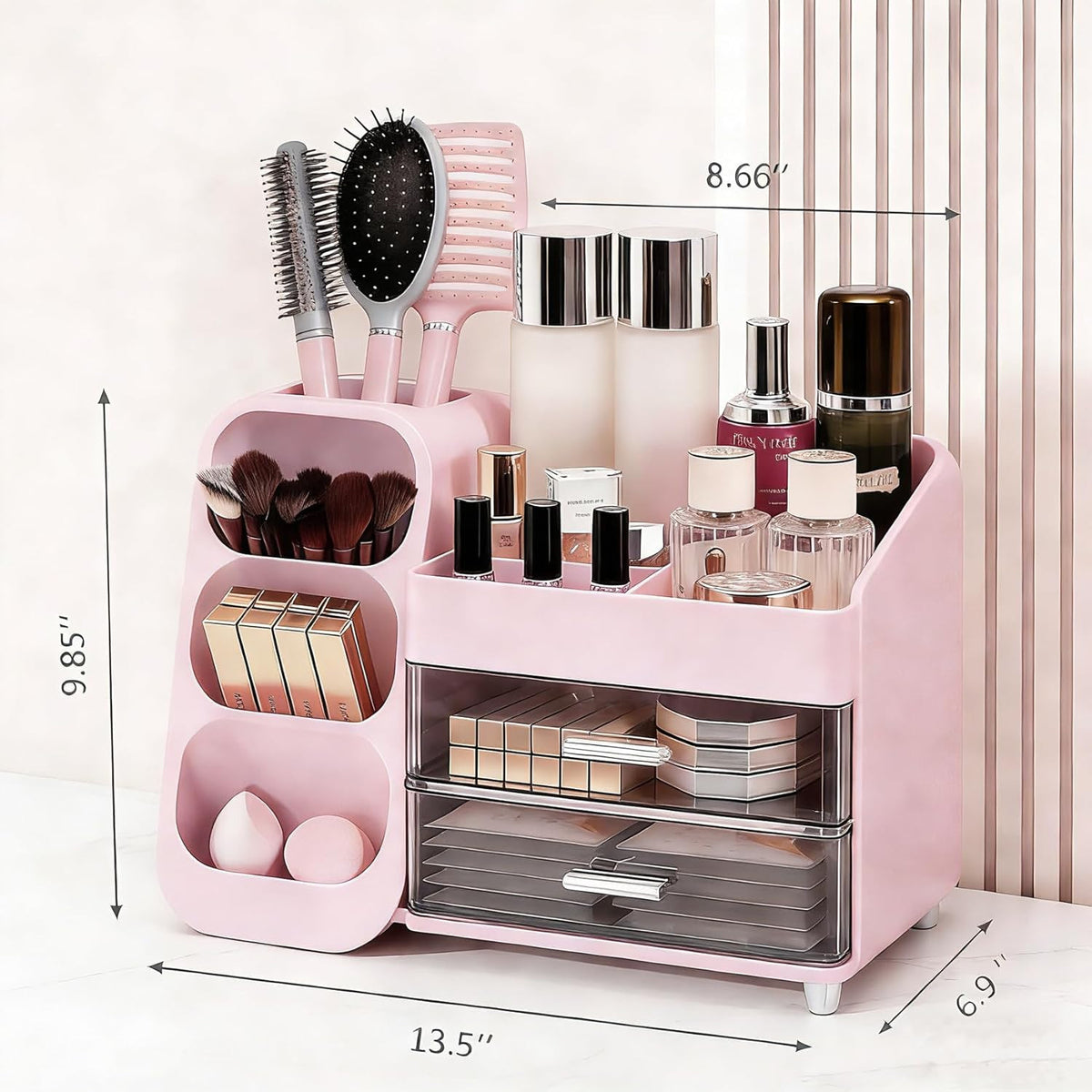 Pink Makeup Organizer with Drawers and Brush Holders for Vanity and Bathroom