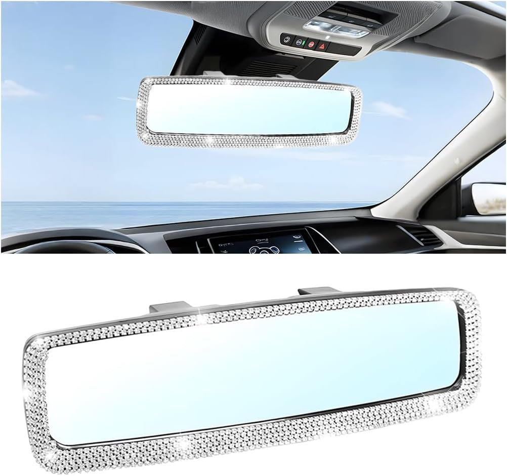 10.83 Inch Rhinestone Rearview Mirror with HD Glass Surface - Silver