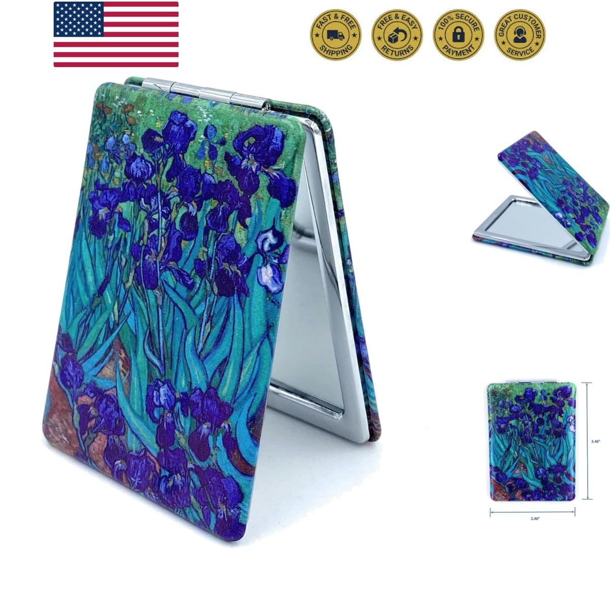 Van Gogh Style Compact Travel Mirror - Foldable with Magnification, 3.46x2.46 Inches