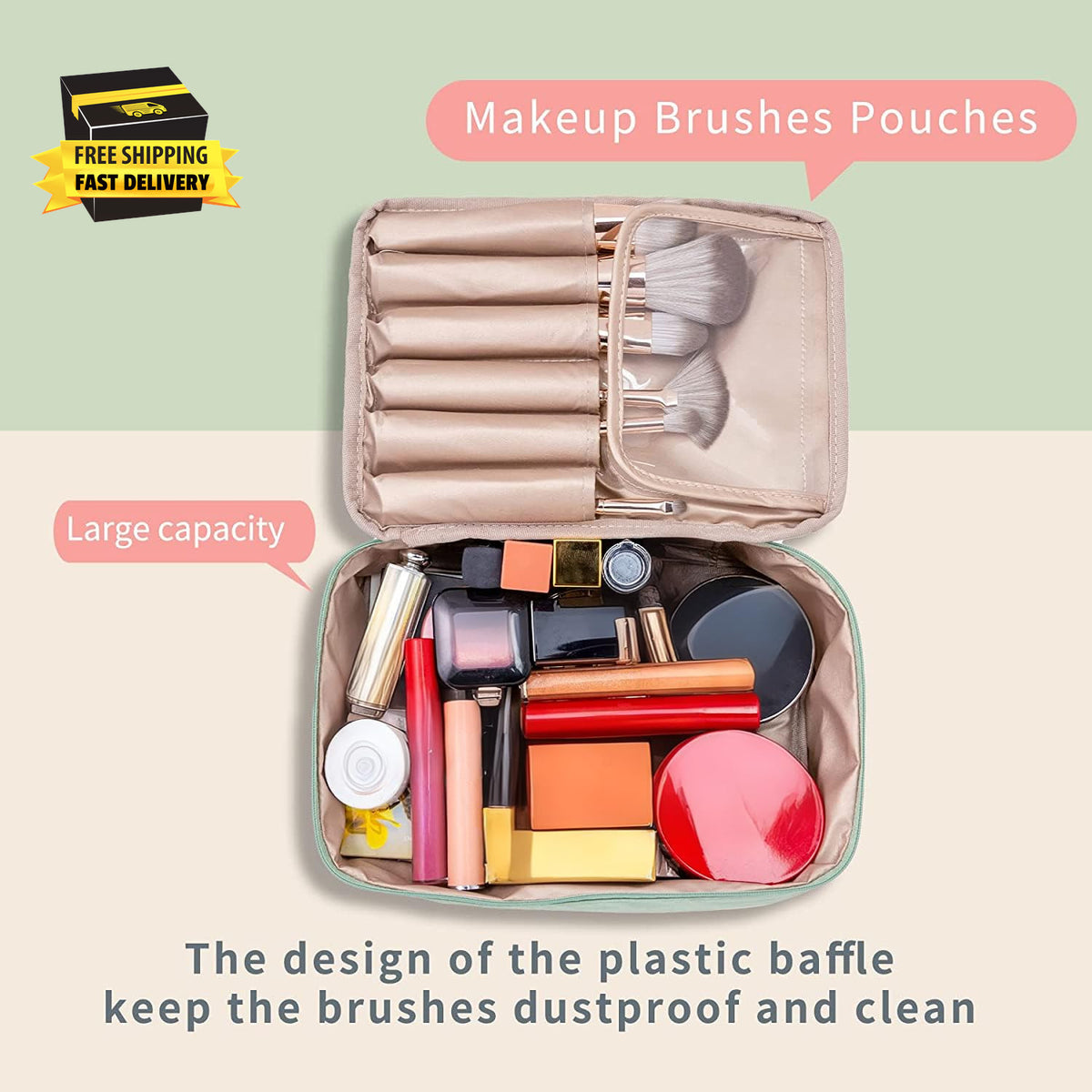Travel Makeup Bag with Detachable Cosmetic Pouch Waterproof Organizer for Women & Men - Green