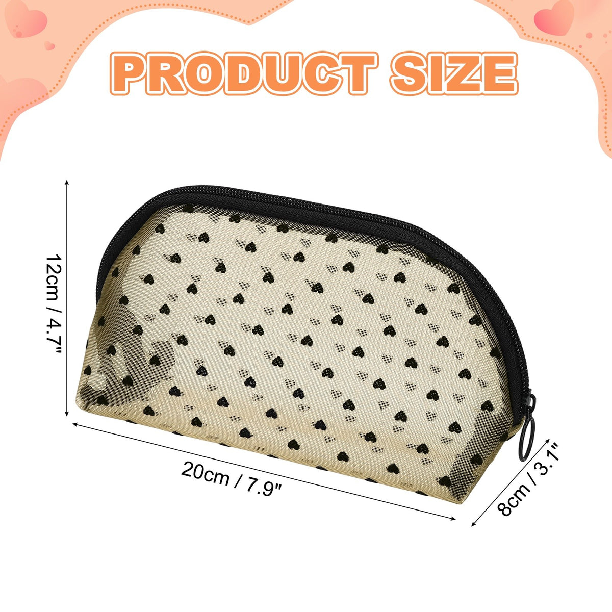 Cute Mesh Makeup Bag Half Round Heart Print Beige Travel Organizer