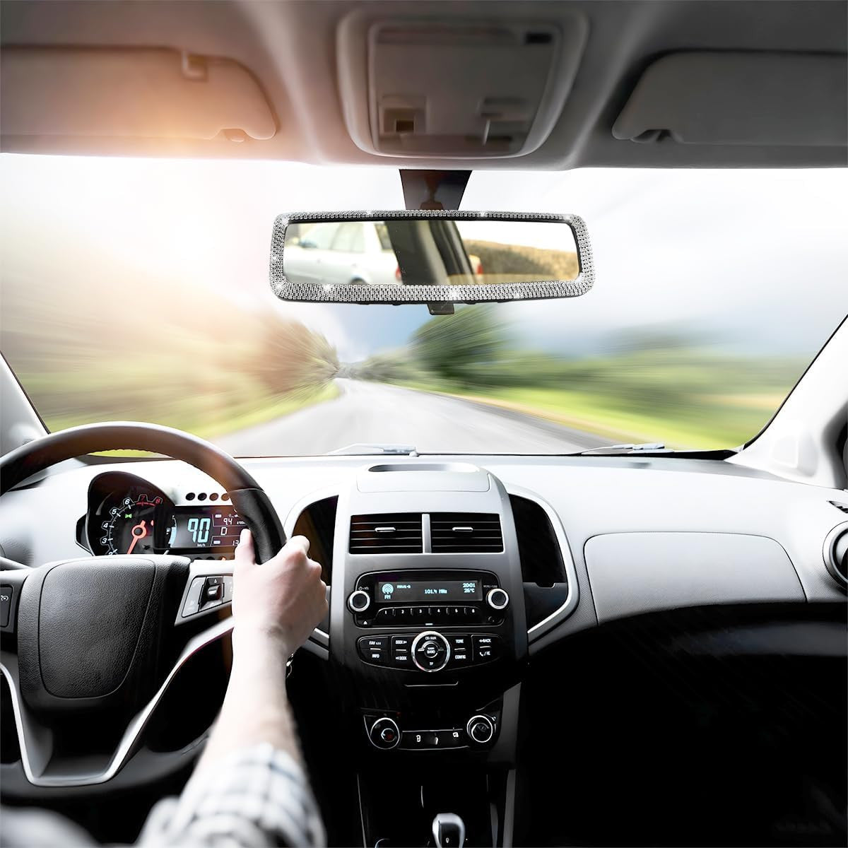 10.83 Inch Rhinestone Rearview Mirror with HD Glass Surface - Silver