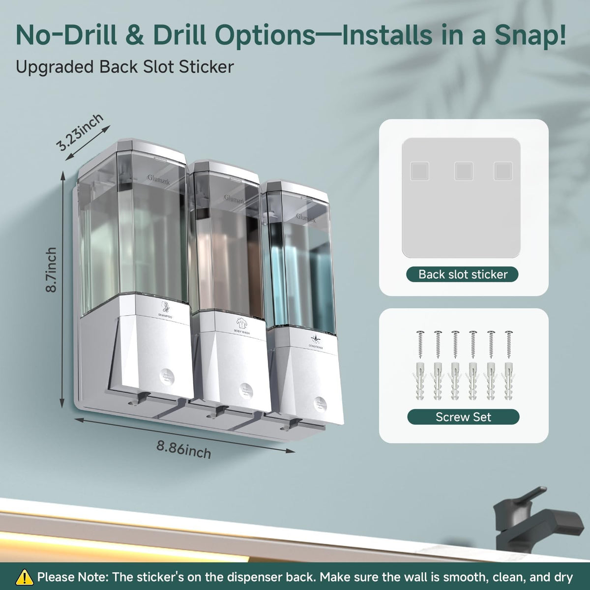 Shampoo and Conditioner Dispenser 3 Chamber No Drill Shower Soap Wall