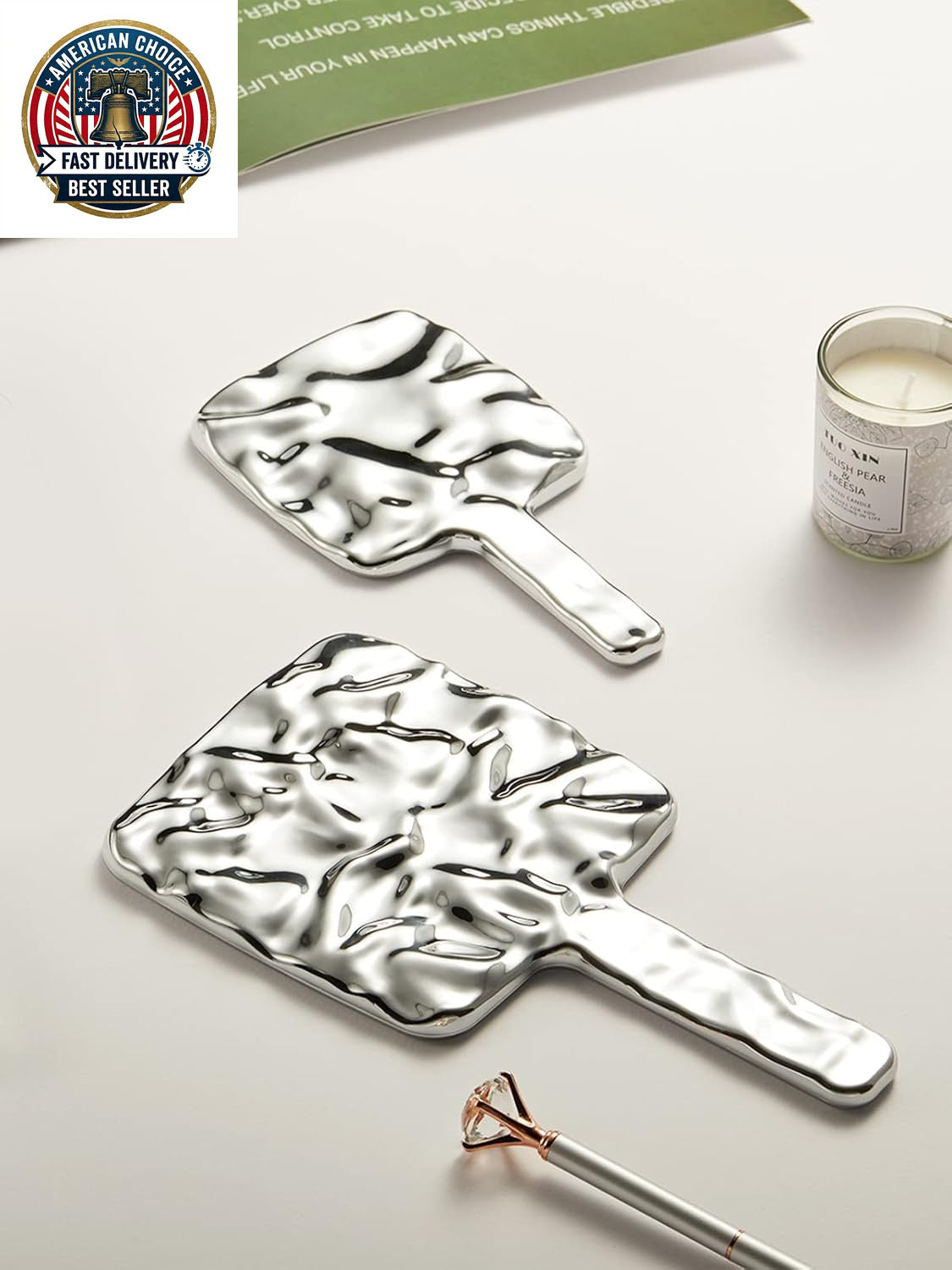 Water Ripple Handheld Mirror for Makeup with Handle - Square Silver