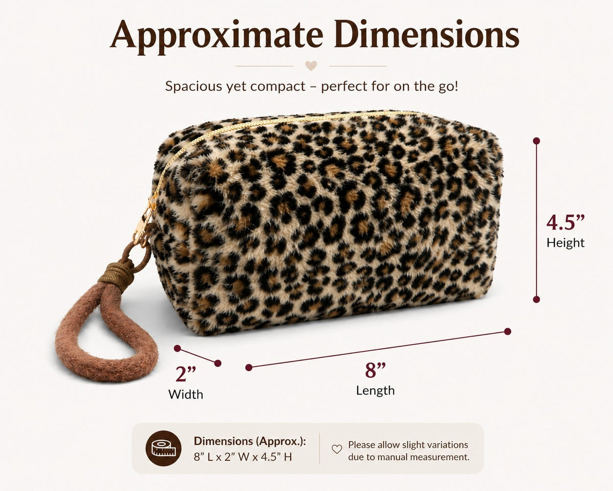 Leopard Plush Cosmetic Travel Toiletry Makeup Bag with Wristlet - Beige