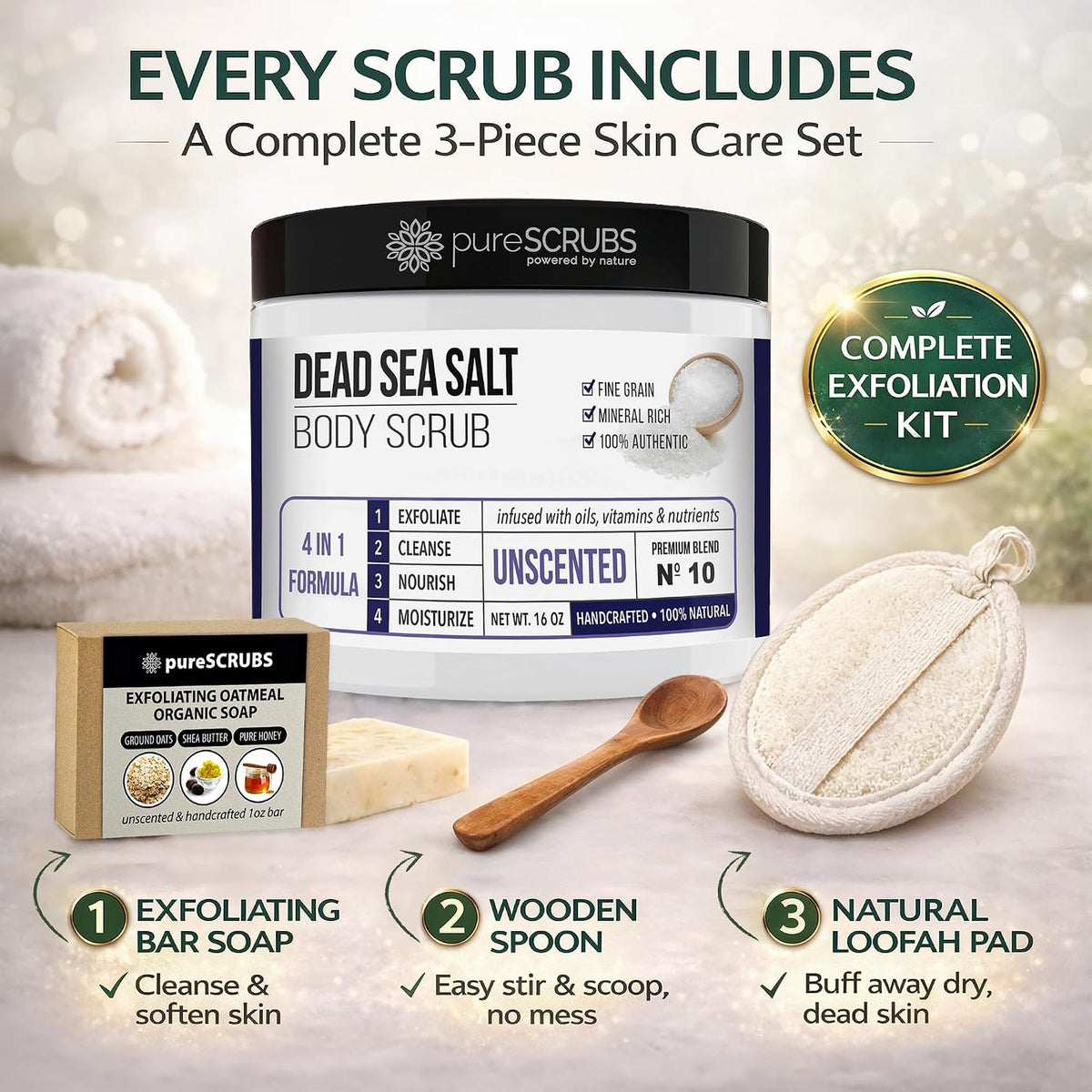 Exfoliating Body Scrub Unscented Large 16oz Dead Sea Salt Sensitive