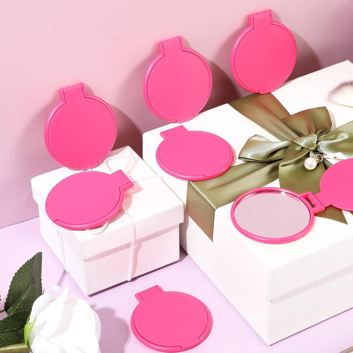 Mini Rose Red Compact Mirror Set - 24 Portable Folding Makeup Mirrors for Women