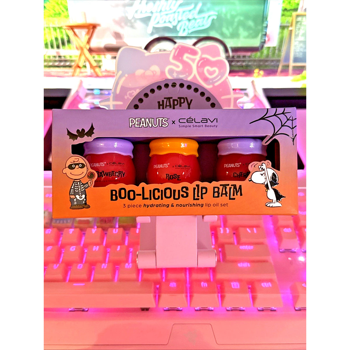 Lip Balm Oil Set with Cherry and Rose Flavors - Snoopy Halloween Boo-Licious 3 Piece