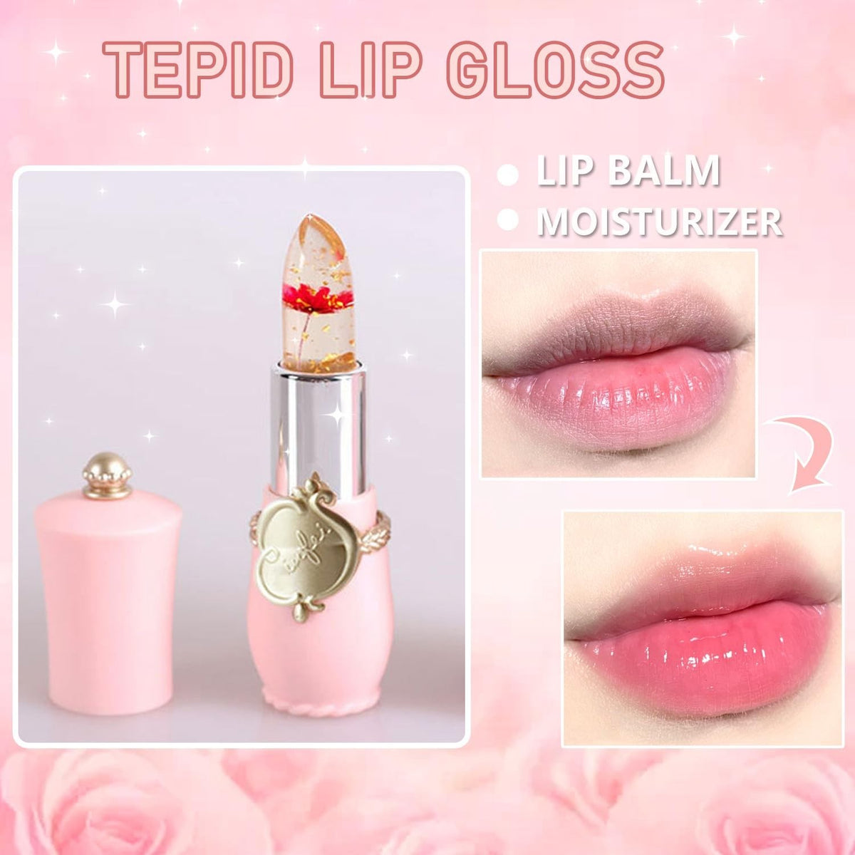 Color Changing Lipstick Set - 6 Crystal Flower Jelly Lip Balms with Moisturizing Ingredients