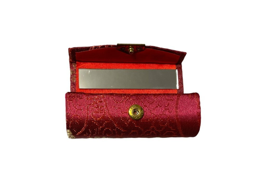 Chinese Silk Print Lipstick Case with Mirror - Elegant Travel Makeup Storage