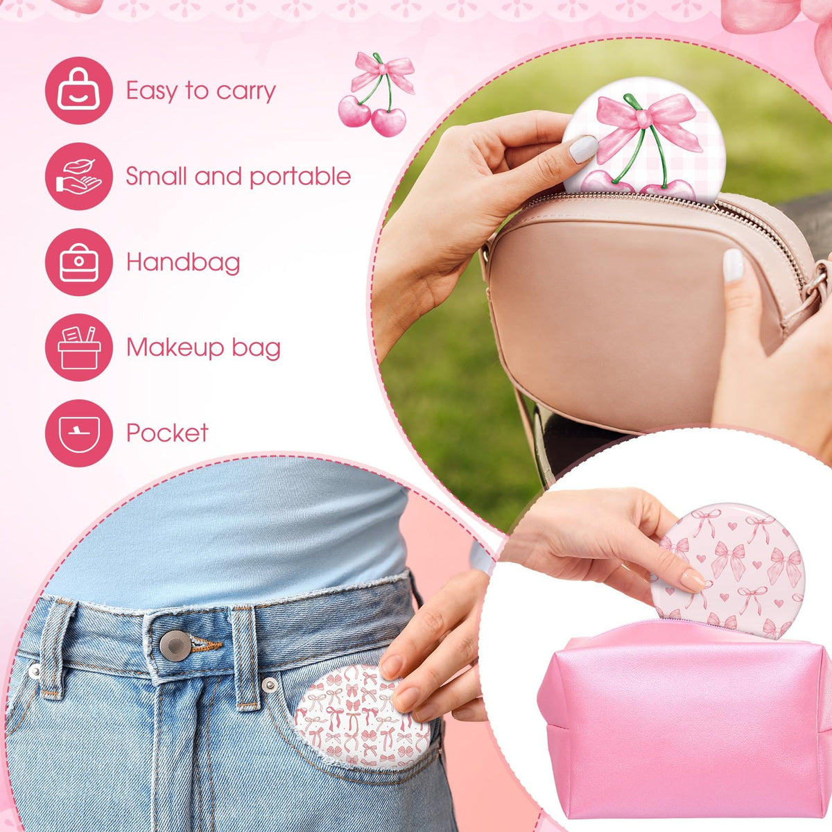 Mini Compact Mirror Set - Pink Bow Party Favors, 12 Pack