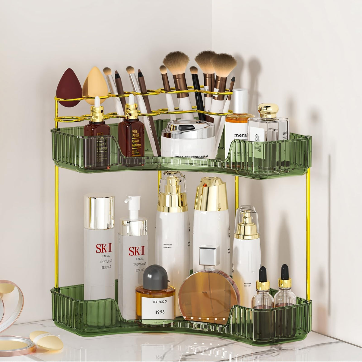 Corner Bathroom Counter Organizer with Makeup Brush Holder - 2 Tier Acrylic Storage Shelf, Green