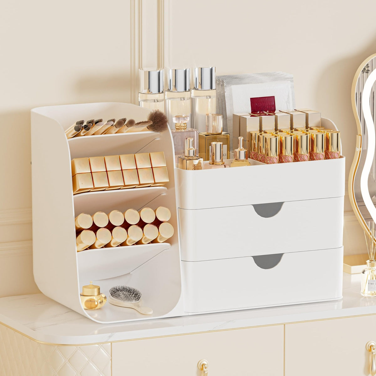 White Makeup Organizer with 2 Drawers and Brush Holders - Cosmetic Storage Case