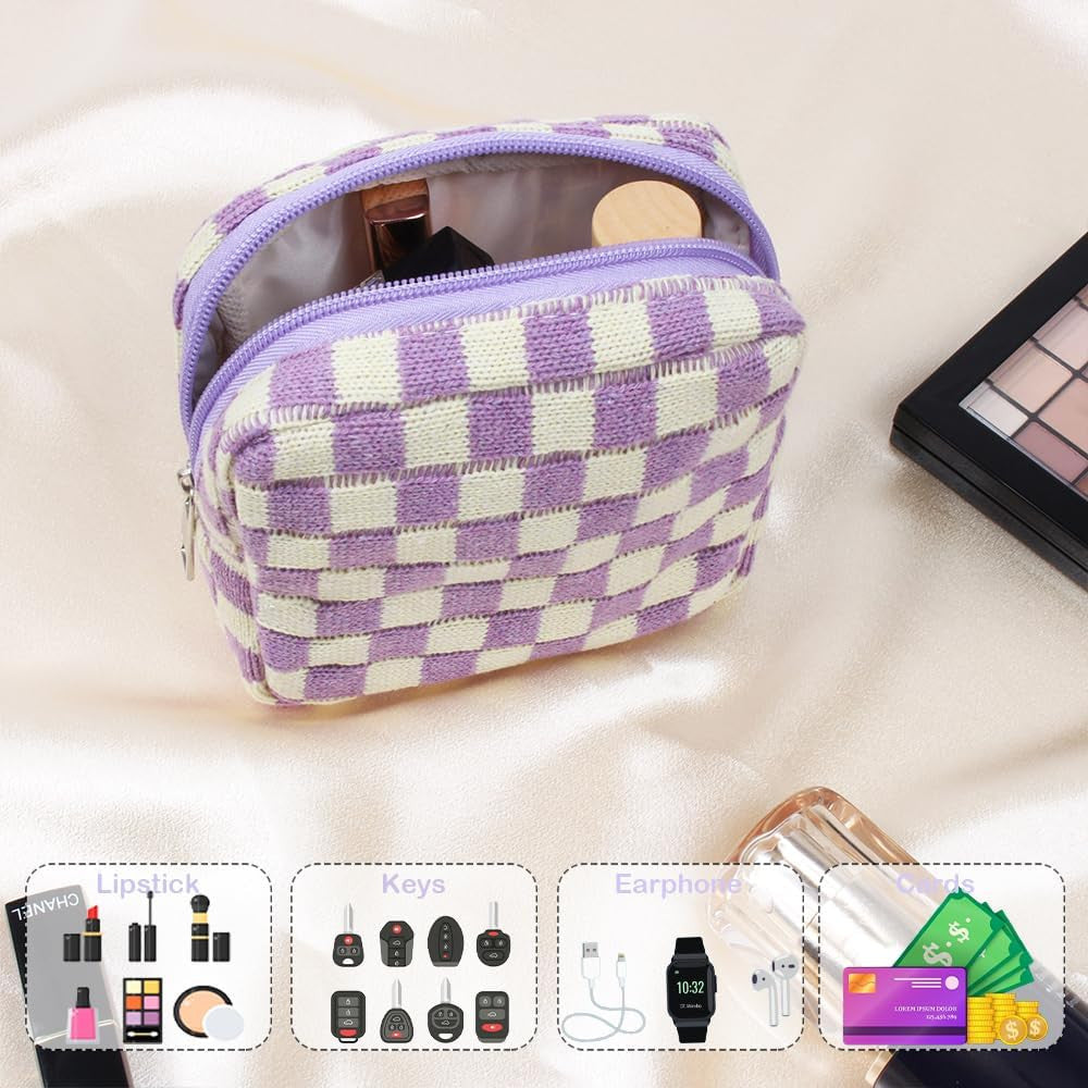 Mini Checkered Cosmetic Bag for Women - Purple Makeup Pouch with Zipper