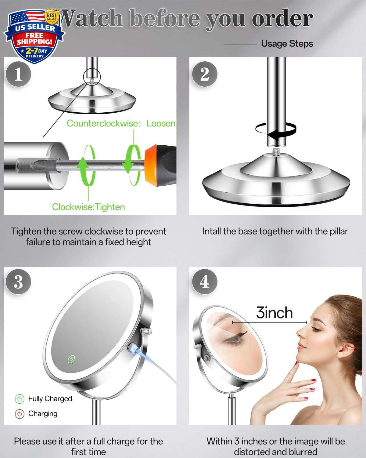 Adjustable Lighted Makeup Mirror with 30X Magnification and Rechargeable LEDs