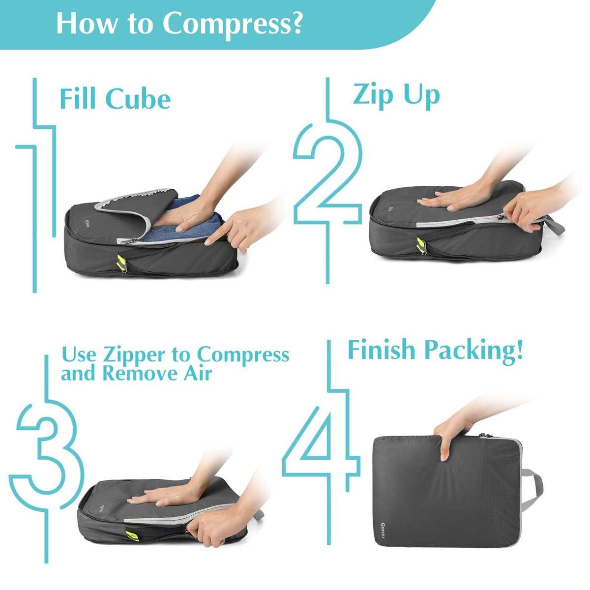 Compression Packing Cubes Set of 4 - Travel Organizers in Deep Gray