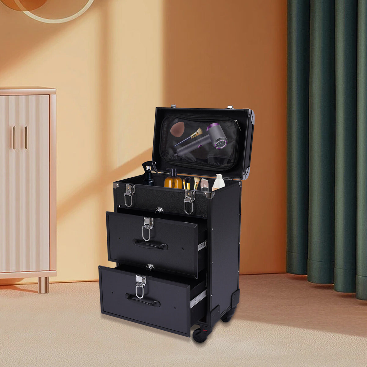Rolling Makeup Train Case with 3 Layers and Locking Wheels - Professional Cosmetic Trolley Organizer