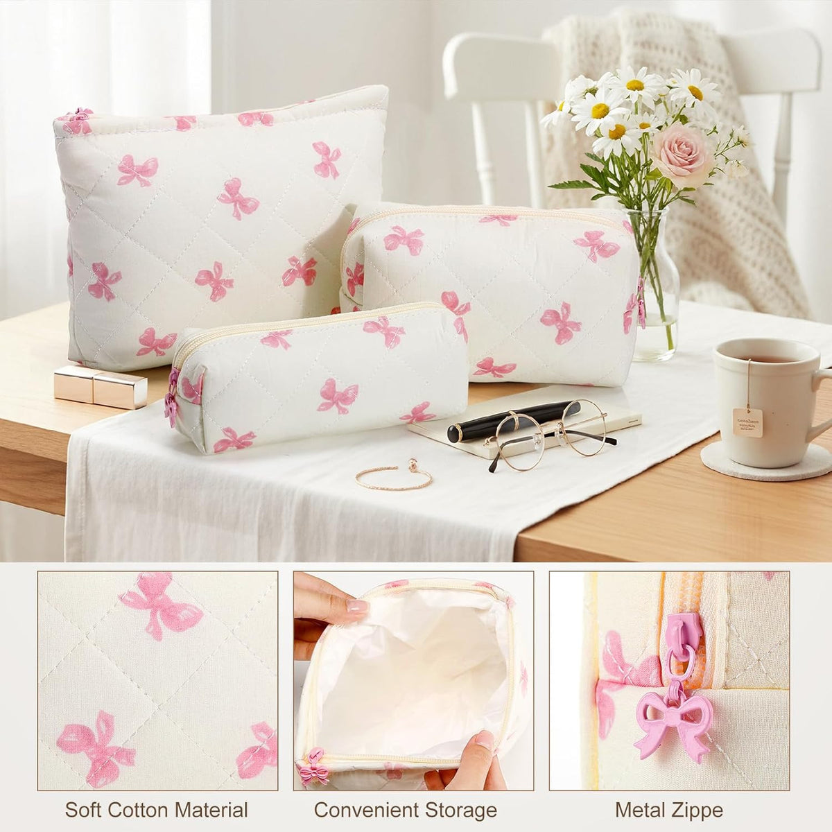 3-Piece Quilted Cotton Makeup Bag Set with Floral & Bow Design, Travel Cosmetic Organizer