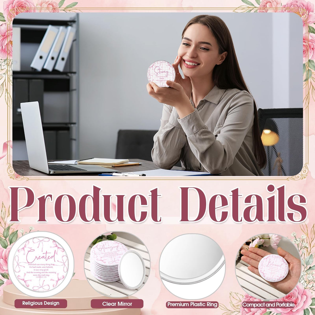 12 Pcs Christian Compact Mirrors for Women - Pink Bow Religious Gift Set