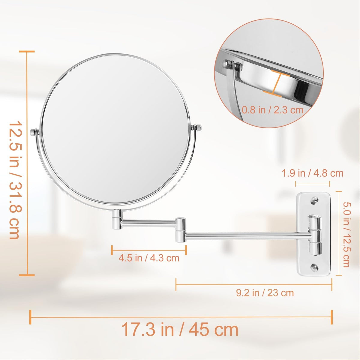 8-Inch Wall Mounted Makeup Mirror with 1X/10X Double Sided Magnification - Chrome